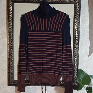 Striped Navy and Brown Woman's Turtleneck Sweater